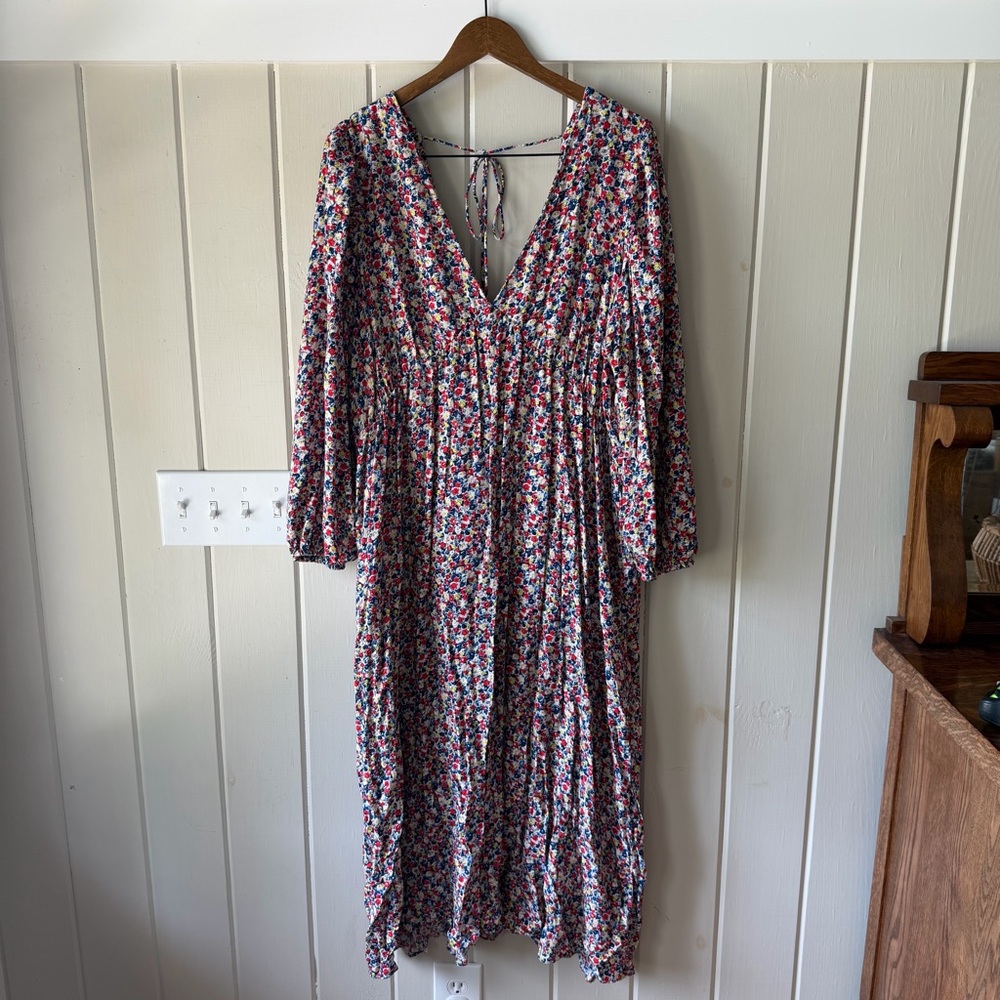 H&M Red, Blue, Yellow Floral Maxi Dress with V-Neck Tie Back, Size XL